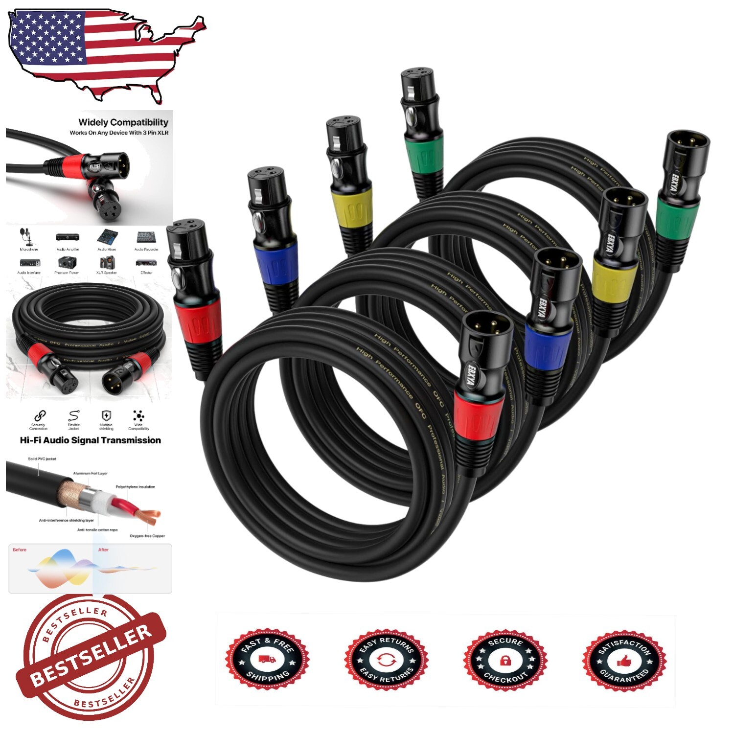 4 Pack 25ft XLR Cables - Self-Locking Male to Female Microphone Connectors