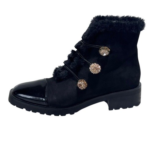 Nanette Lepore Black Faux Fur Cuff Ankle Boots Rhinestone Accents 9.5M