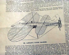 Early SAMUEL LANGLEY Airplane Flying Machine Flight Model Print 1893 Magazine