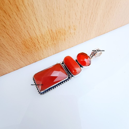Red Onyx Coral Garnet 925 Sterling Silver Large Handmade Pendent Necklace - Picture 2 of 4