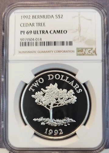 1992 BERMUDA SILVER 2 DOLLARS CEDAR TREE NGC PF 69 ULTRA CAMEO BEAUTIFUL COIN