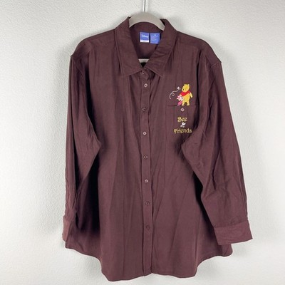 Disney Winnie The Pooh Top Womens 1X Brown Button Up Piglet Bee Friends
