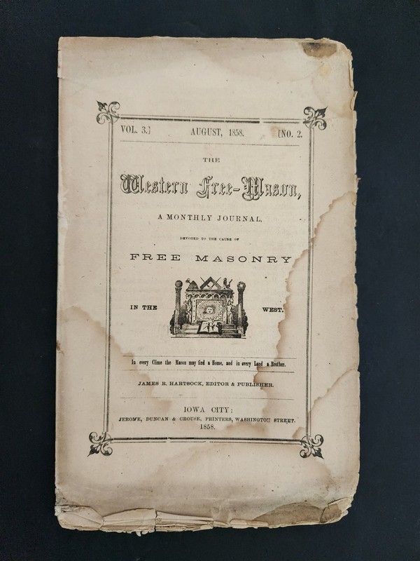 1858 antique WESTERN FREE MASON iowa city MAGAZINE masonry w ADS AUG