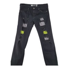 GS115 Men’s Black Distressed Cotton Blend Jeans Neon Patchwork Studded Size 38