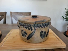 Antique 1870s Richard Remmey Cobalt Blue Decorated Stoneware Cake Crock with Lid