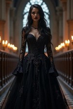 Gothic Black WeddingDress Long Sleeves ALine Long Tulle BridalGown lace Applique