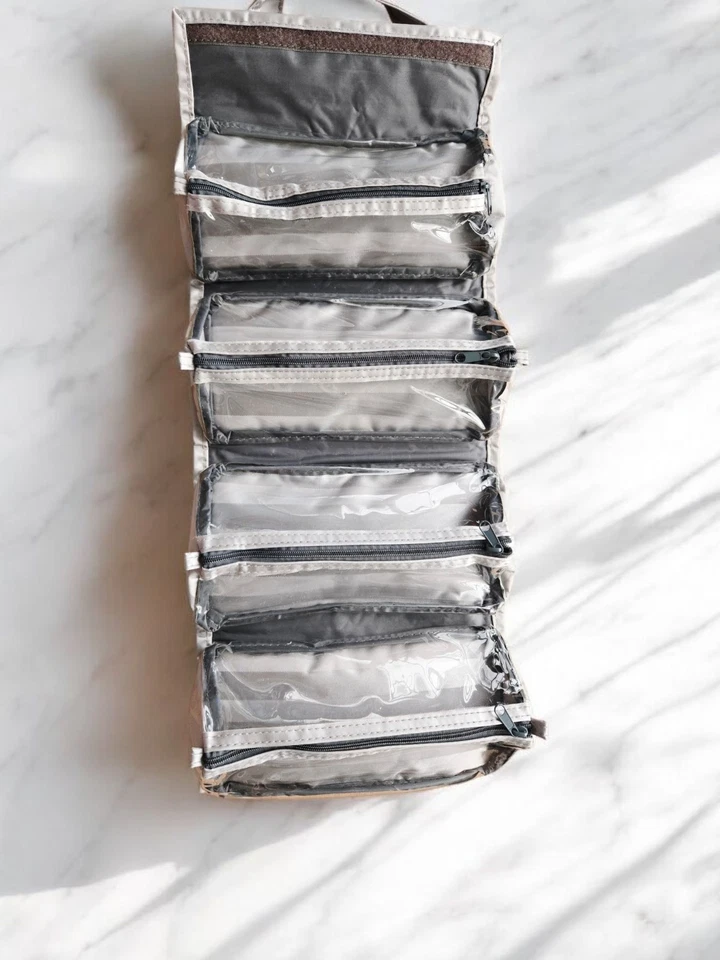 JM New York Roll up Cosmetic/Jewelry Travel Case 4 Pouches Gray&Silver 8.5"x5"x5 - Image 3 of 4