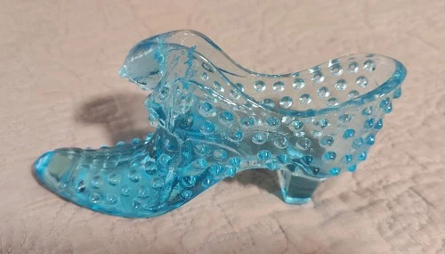 Fenton Aqua Blue Glass Hobnail Shoe with Cat Head