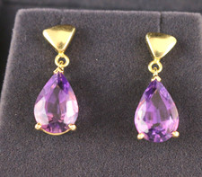VTG 14k Yellow Gold Large Purple Teardrop Amethyst Dangle / Drop Earrings 6g