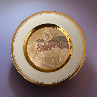 Vintage Graceful Flamingos Art Of Chokin 24K Gold Trim Plate Plaque Birds