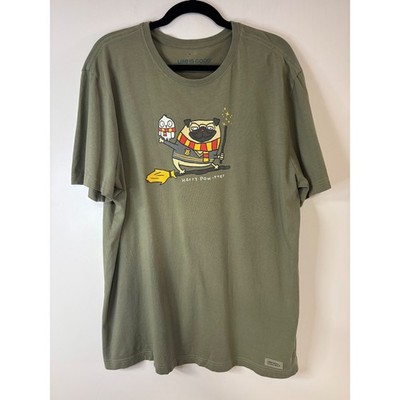 Life is Good Harry Paw tter Pug Owl Wizard Graphic T Shirt Mens Large Green