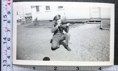WW2 Era Military BW Photo Snapshot Soldier Aiming Rifle Barracks View