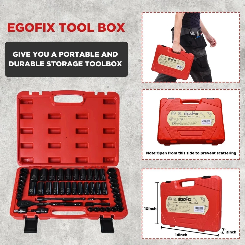 3/8 In. 50 Piece 6 Point Impact Socket Ratchet Drive and Metric Set - Image 3 of 4