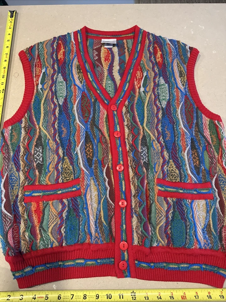VTG Purely Australian Coogi Style 3D Wool Knit Sweater Vest Size L Red Tones - Image 2 of 4