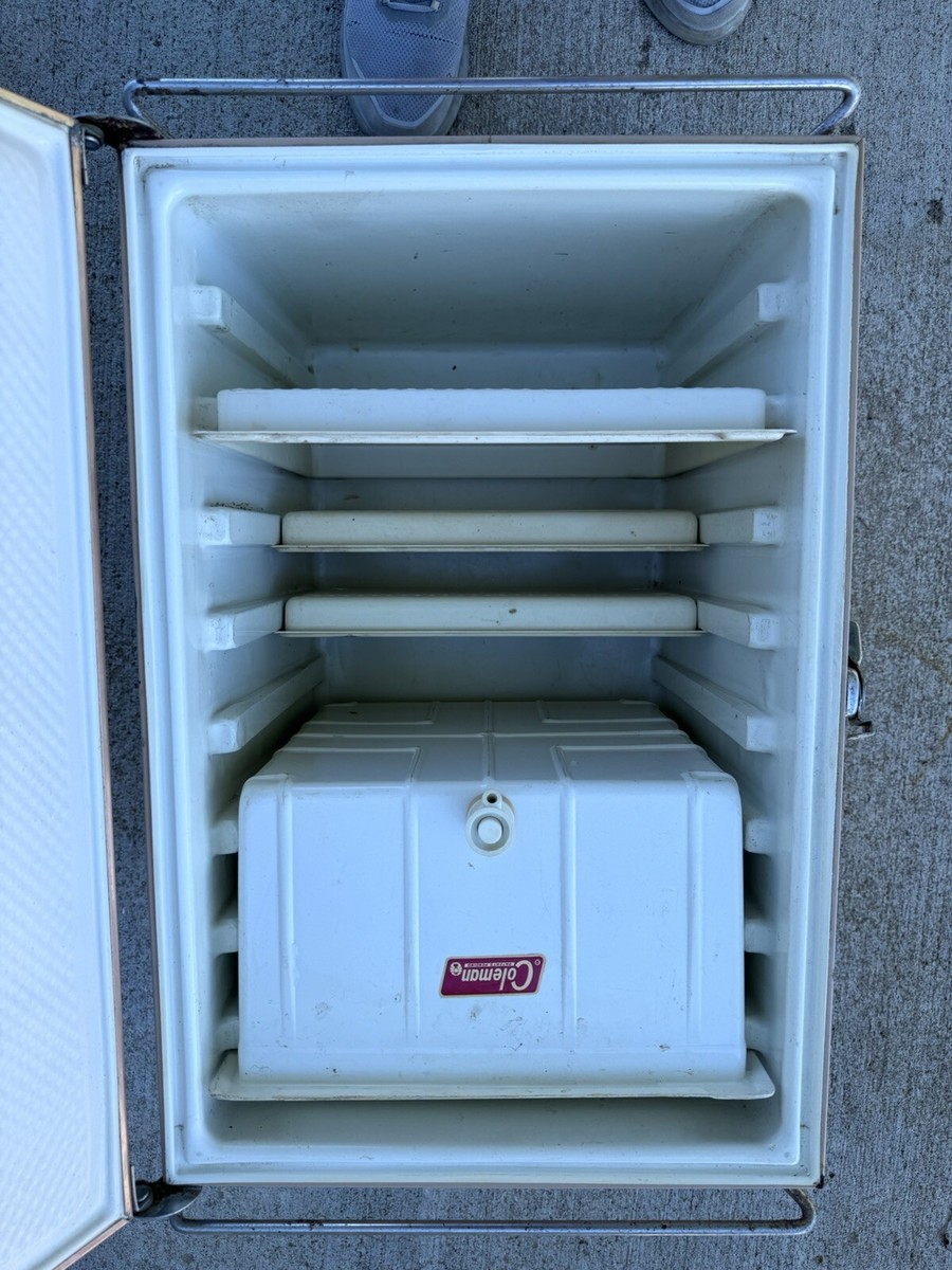 Vintage Coleman Cooler Upright Fridge 3-Way Faux Wood 26in x