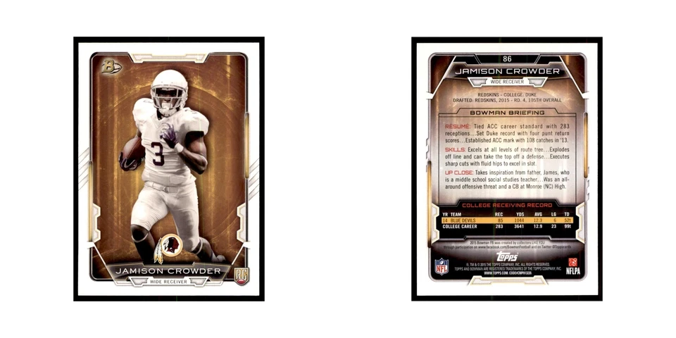 2015 Bowman Jamison Crowder RC Football Cards #86 - Image 3 of 3