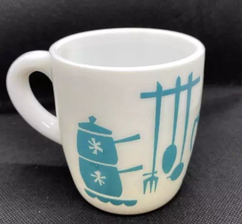 Hazel Atlas Kitchen Aids Vintage Milk Glass Cup Mug Turquoise Aqua Marked  A-12