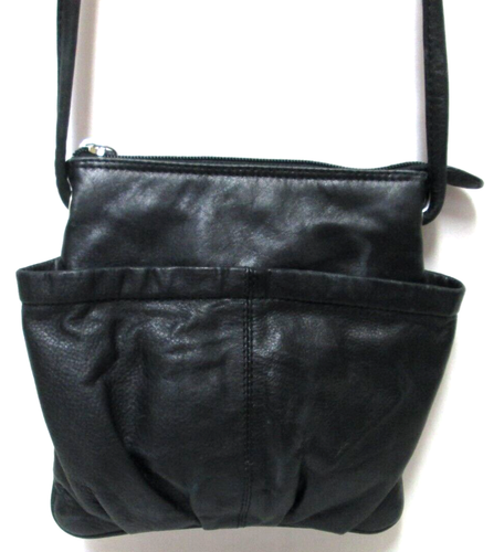 iLi New York black Leather crossbody bag purse pleated front back pocket zip top - Picture 3 of 13