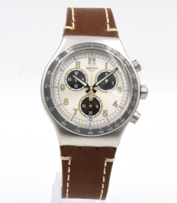 New Swiss Swatch Irony RHUM Chronograph Brown Leather Men Watch