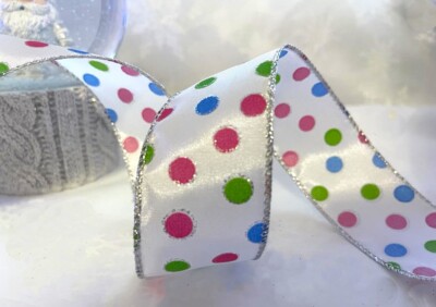 FUNKY SNOWBALLS Weihnachten Glitzer Punkte auf weißem Satin - Luxus Drahtkantenband