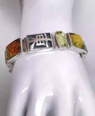 Lori Bonn Sterlingsilber grüner Peridot + Bernsteinquarz asiatisches Symbol Armband 7,5 Zoll