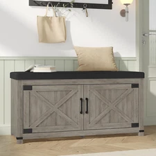 Farmhouse Shoe Storage Bench 2 Tier Shoe Cabinet with Padded Seat & Barn Doors