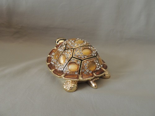 Collectible jewelry box bronze turtle with rhinestones & enamel - Picture 3 of 12