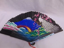 Vintage Japanese fan Bird mountain bride sea Volcano 17" x 9" silver tips