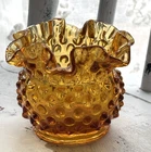 Vintage Fenton Glass Amber Hobnail Ruffled Crimped Edge Vase Rose Bowl, Stamped