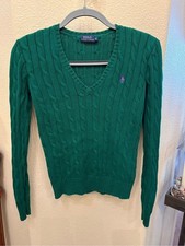 Polo by Ralph Lauren Women Green Cable-Knit V-Neck Preppy Sweater Size XS