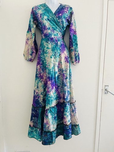Silk Maxi Dress Hippie Indian Purple Blue Bohemian One Size Long Sleeve Tie Dye - Picture 3 of 15