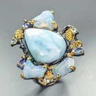 Handmade 18 ct+ Natural Larimar Ring 925 Sterling Silver Size 8 /R465062