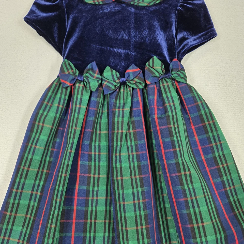 Vestido Sophie Rose Talla 4T Azul Verde Tartán Cuadros Tafetán Terciopelo Fiesta Vacaciones Foto 3 de 4