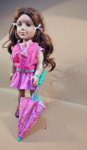 I'M A GIRLY große Puppe braune Haare blaue Augen rosa Kleidung + Regenschirm - Bild 14 von 16
