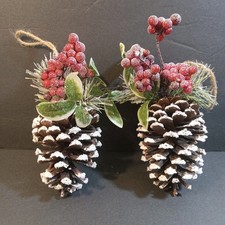 Frosted Pinecone Christmas Tree Ornaments Brown White Red Green Berries Greenery
