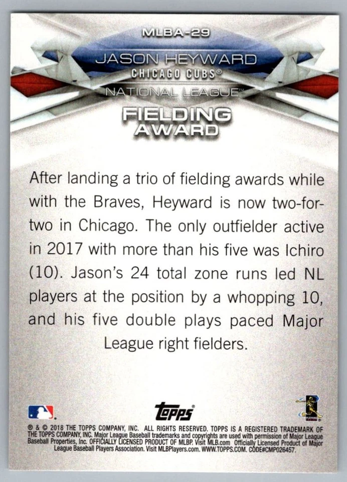 2018 Topps MLB Awards Jason Heyward Chicago Cubs #MLBA-29 - Image 2 of 2