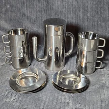 Boca by Sergio Asti for ICM 18/10 Espresso Set Pot 6 Double Wall Cups & Saucers