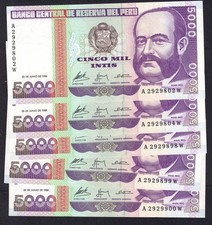 Peru P 137: 5000 Intis: 1988: 5 Piece Wholesale Dealer Lot