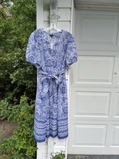 NWT Talbots Pretty White Blue Floral 100% Cotton Short Sleeve MIDI Dress 16W