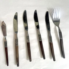 6 Piece Set of Ekco Eterna La Joya Stainless Wood MCM Japan Serving Flatware