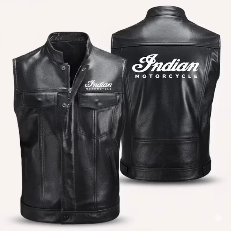 Men's Black Indian Biker Leather Vest - Genuine Cowhide Leather Riding Vest
