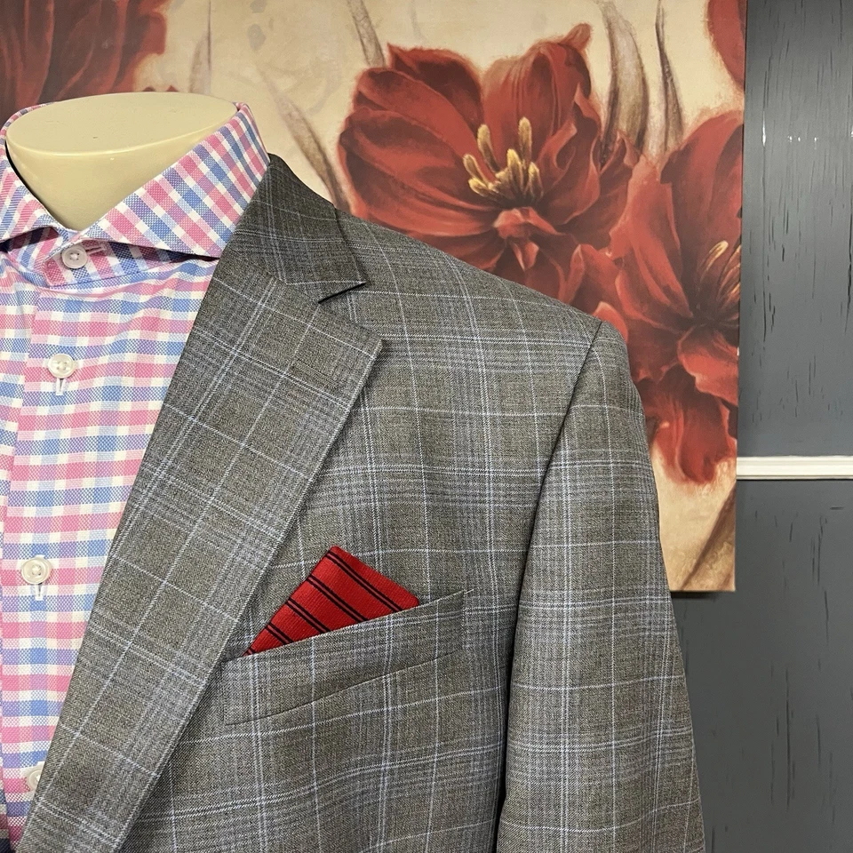 Traje Peter Millar Top Blazer Chaqueta Abrigo Deportivo Para Hombre 48R Lana Gris/Azul Cuadros Foto 4 de 4