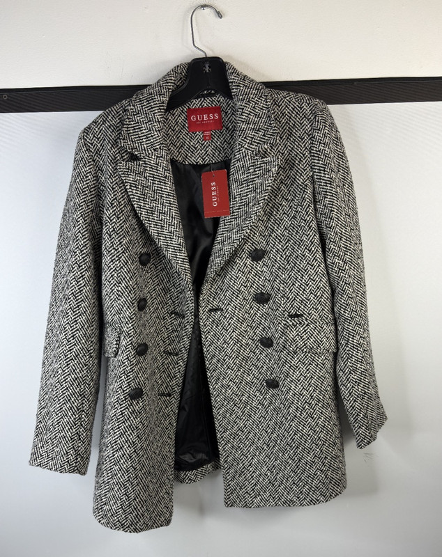 Guess Los Angeles Double Breasted Coat Womens XS NWT Black White Herringbone