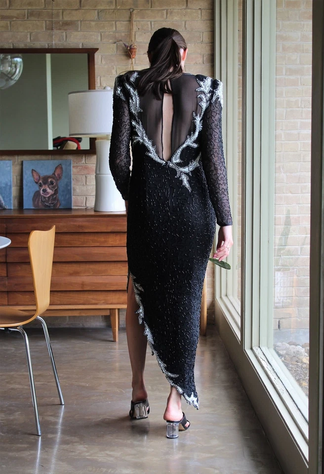 Vintage 80s Beaded Evening Gown A.J. Bari Black Silk Maxi Dress S Women - Image 3 of 4