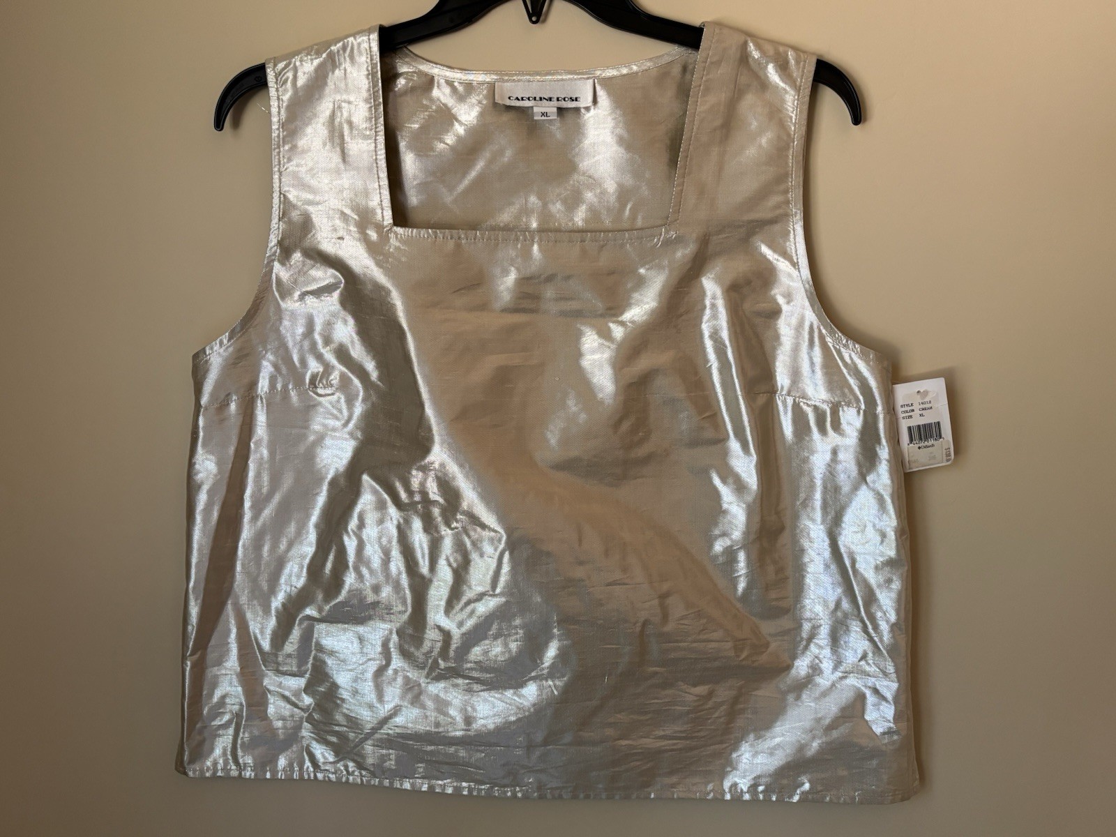 Caroline Rose Metallic Platinum Silk Lurex Sleeveless Top XL NWT Minor Defect $138