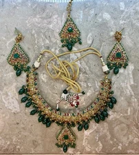 Indian Pakistani Green Gold Bridal Fashion Jewelry - Necklace, Earring, Tikka