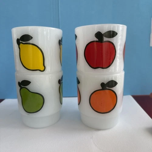 Vintage Fire King AH Set of 4 Milk Glass Fruit Mugs Orange Pear Apple Lemon