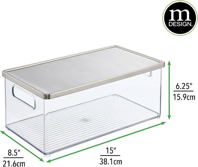 *4/Pack *mDesign Stackable Storage Bins w/ Handles, Lid 15'' Long Clear+Steel Lid