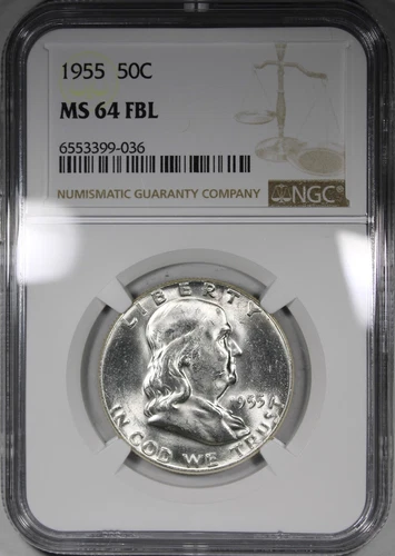 1955 Franklin Half Dollar NGC MS64FBL Full Bell Lines Mostly White Coin Flashy