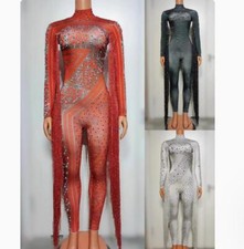 Womens Skinny Red Tassel Rhinestones Fringes Bodysuit Jumpsuit Party Stage Wear